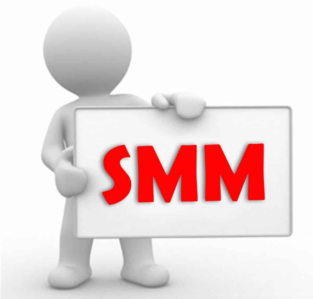 3D figure holding a sign with "SMM" text.