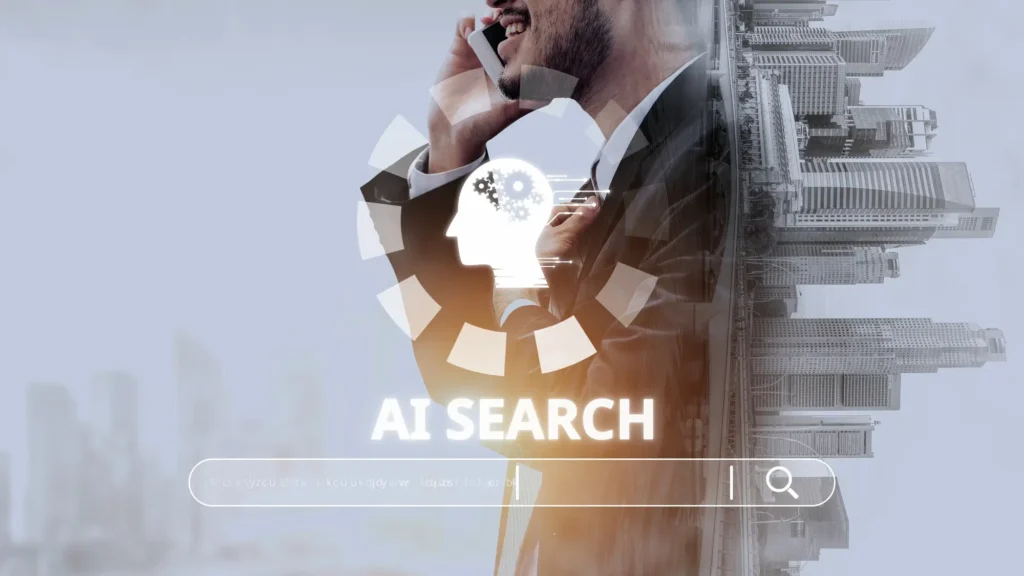 Man talking on a phone through an AI Search icon with Denver on his back in a very creative manner.