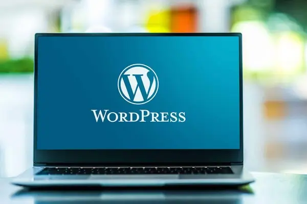 WordPress was once a small business displaying their logo on a laptop sitting on top of a desk with a colored blurry background.