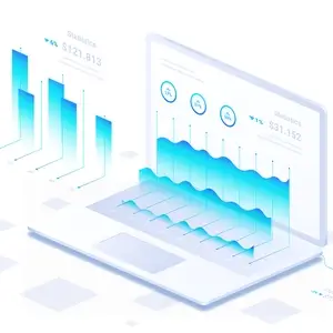 A mock drawing in light blue showing a laptop with analytics graphs displayed on its screen highlighting the wordpress website design optimization results.