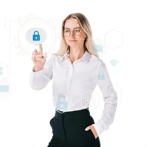 A smiling woman in professional clothing with glasses pointing to a security lock displaying the WordPress website design security displayed in her action.